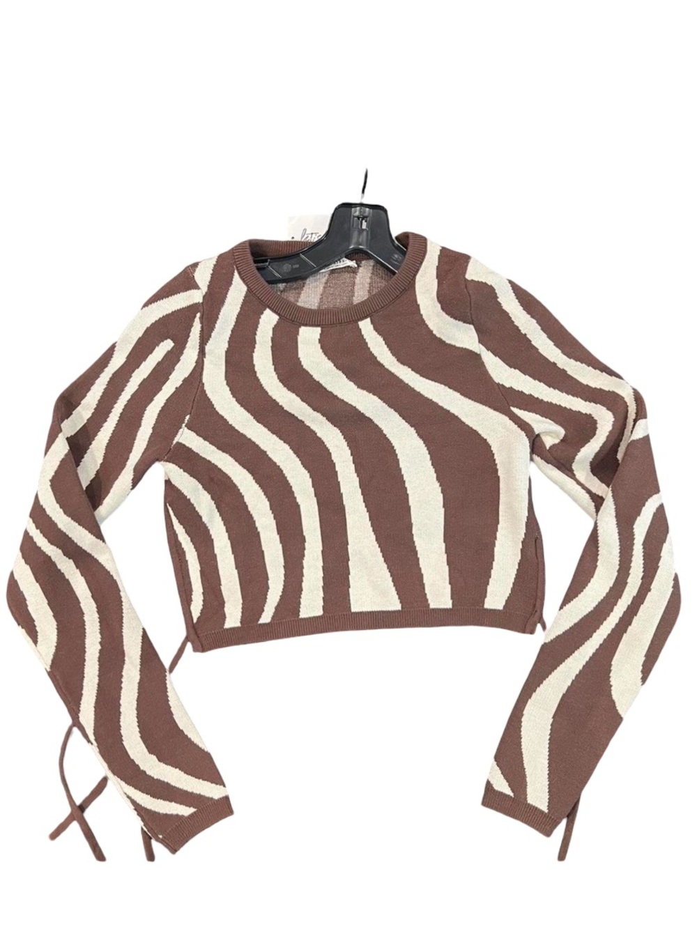 NWT 12th tribe brown and white open tie back cropped sweater zebra print size S